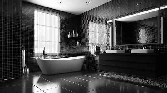 现代黑色浴室中的豪华瓷砖装饰 3D 渲染
