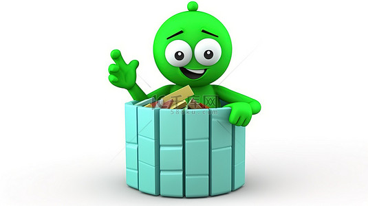 生态友好吉祥物垃圾桶的 3D 渲染，带有回收标志信息图表和白色背景的商业饼图