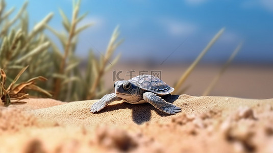 印尼巴厘岛背景图片_新生活 3D 光栅插图，一只小海龟沿着沙滩爬向海洋