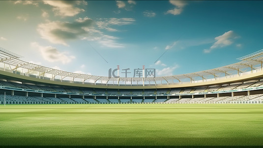 板球场的 3D 插图，具有前视图和郁郁葱葱的绿色球场