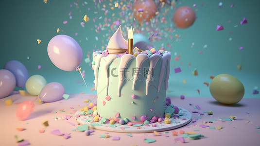 快乐蛋糕背景图片_柔和的主题生日派对背景 3d 渲染蛋糕与蜡烛和来自派对波普尔的弹出五彩纸屑