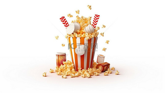 电影小吃背景图片_电影主题箭头围绕着一个桶，桶里装满了爆米花和 3d 眼镜，白色背景上以 3d 渲染