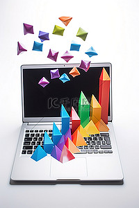 彩色的骰子背景图片_一台便携式笔记本电脑靠在白色表面上的彩色箭头上
