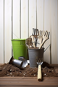 园艺工具背景图片_园艺工具土壤和旧木栅栏