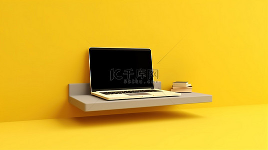 带有笔记本电脑的黄色架子背景的 3D 插图
