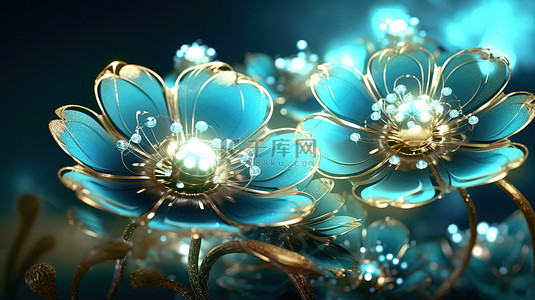 黄金珠宝背景图片_迷人的绿松石背景与花卉珠宝和辐射光效果 3D 插图 ai 渲染
