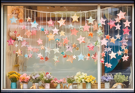 花店鲜花背景图片_商店橱窗上挂着的鲜花