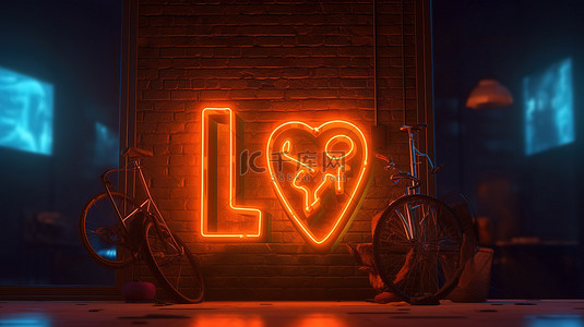 棕色墙壁上的情人节快乐复古霓虹灯爱情标志 3D 插图非常适合贺卡和横幅