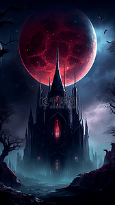 梦幻城堡背景图片_城堡夜晚血月背景