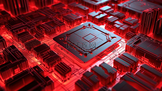 未来派红色网络建筑和电子抽象城市板与先进的 3D 渲染处理器
