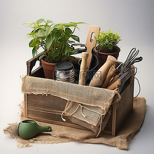 木花瓶绿色和棕色植物和园艺工具放在板条箱里