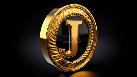 黑色按钮图标上皇家金色字体的优雅 3D 字母 j