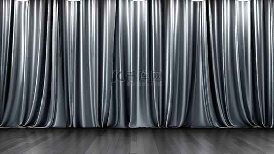 缎面光泽灰色窗帘搭配金属窗帘，为剧院电影院和展览提供 3D 渲染