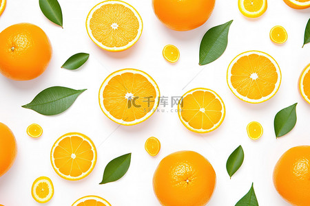 橙子背景图片_白色背景中包含切片生橙子和叶子的水果沙拉