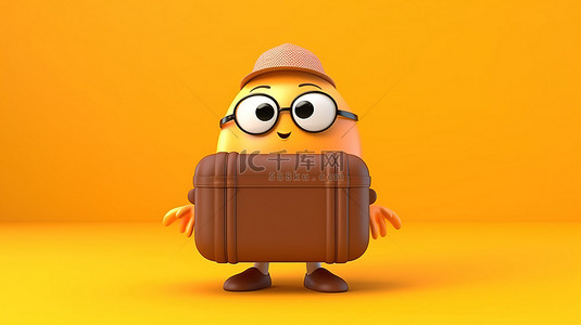 3D 渲染的吉祥物是一个棕色鸡蛋的人，在充满活力的黄色背景上携带橙色旅行箱