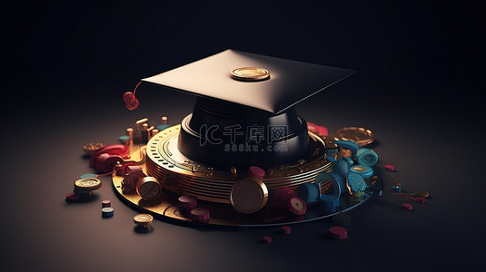代表学校毕业要素的 3D 毕业帽插图