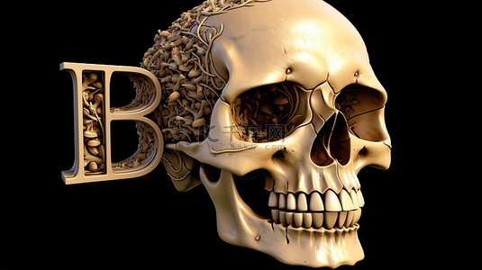 排版背景图片_死神的排版是由骷髅字体制成的 3D 渲染词“结束”