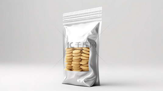 空白塑料袋中零食包装的白色背景 3D 渲染