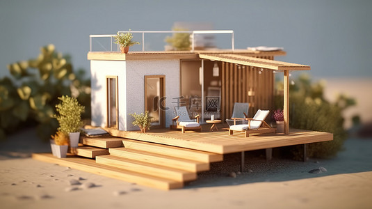古风景背景图片_当代小房子上的木制露台的 3D 插图