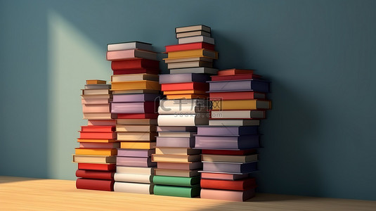 读书背景图片_一堆高耸的各种书籍垂直拍摄，带有文本空间 3D 渲染