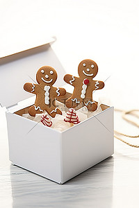 扁平玩具背景图片_姜饼人装在一个扁平的盒子里，盒子上有一个带标志的白色盒子