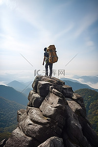 背着行李走在山顶的男人