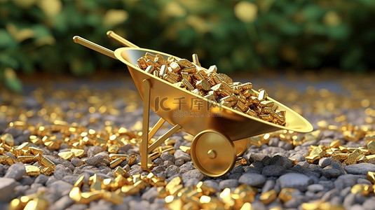 镀金独轮车中的金色财富建筑和园艺工具的 3D 渲染