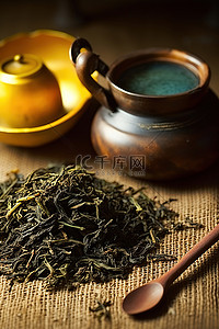 茶壶里的黑乌龙茶，用木勺