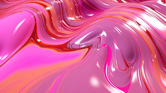 可爱的粉红色液体抽象背景上闪闪发光的金属闪光 3D 渲染插图