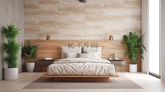 时尚卧室 3D 渲染，配有木格子和砖图案墙壁装饰