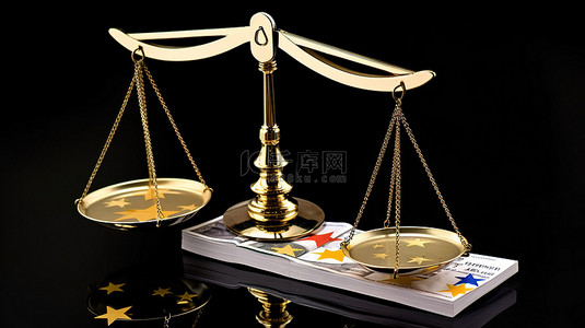 3D 钞票和秤上的五颗星显示了高质量工作和适当付款的完美平衡