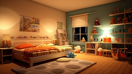 睡眠背景图片_儿童房间睡眠时间照明的 3D 渲染