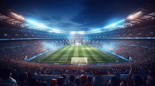 足球场背景图片_夜间足球场挤满了热情的球迷，出色的 3D 插图