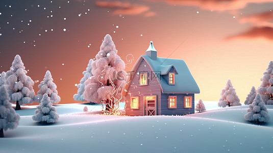 圣诞海报背景图片_3D 渲染的圣诞节场景与房屋和树木