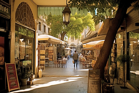 招牌背景图片_传统的雅典步行街，有许多古老的建筑和街头小贩
