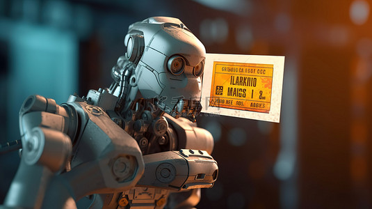 机器人手抓着带有他的名字和照片的通行证的 3D 插图