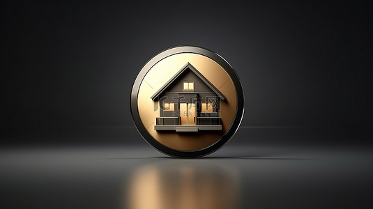 前视图 ui 元素中的金色房屋图标，具有 3D 渲染和灰色圆形键按钮