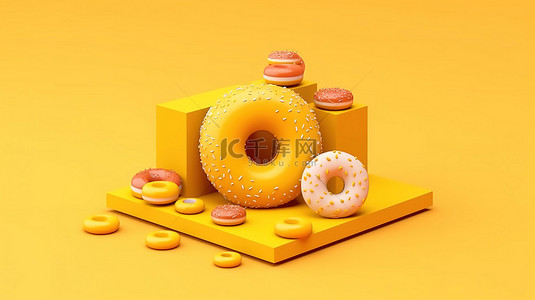 糕点场景背景图片_充满活力的黄色背景上美味 3D 渲染甜甜圈的等距场景，非常适合餐厅面包店或食品配送促销