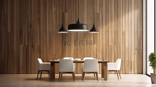 3D 渲染餐厅，配有垂直木纹墙，适合现代风格