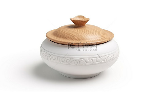 粘土风格的亚洲木制食物碗，带白色盖子，呈现在 3D 渲染的白色背景上
