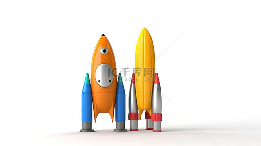 儿童旅行背景图片_将想象变成现实 火箭的儿童草图转变为白色背景 3D 渲染上的真实模型