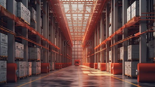 仓库背景图片_用于存储和运输的自动化仓库的无人居住 3D 渲染