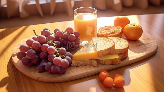 美食橙背景图片_健康早餐，包括葡萄橙汁面包奶酪和新鲜水果 3D 渲染图像