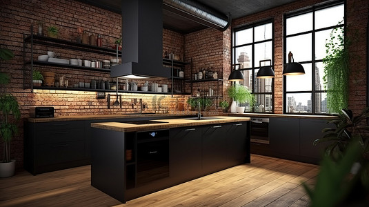 文化墙背景图片_深色调别致阁楼风格设计师厨房的 3D 渲染