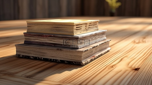 木制背景与一堆书的 3D 渲染