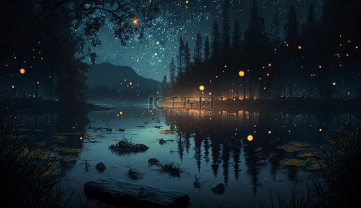 抽象月亮背景图片_星空森林夜晚梦幻背景