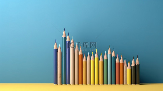 教育课程培训背景图片_使用工具学习 3D 渲染铅笔在蓝墙上的书堆上