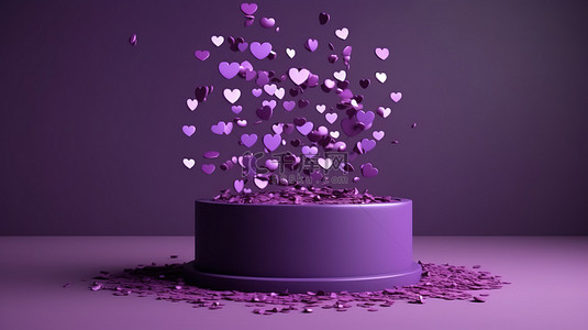 紫罗兰色讲台展示的 3D 渲染，带有飞行的心形五彩纸屑，用于欢乐的情人节庆祝活动
