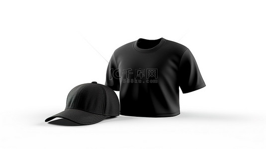 白色背景 3D 渲染特写空白黑色 T 恤和帽子，为您的设计提供空间