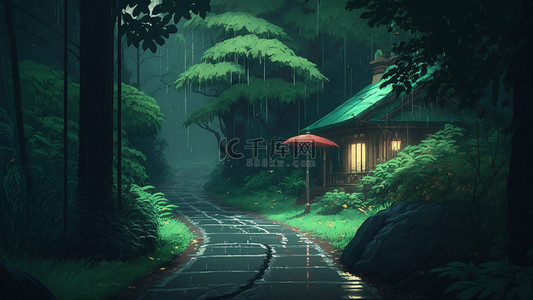 树叶卡通背景图片_春天森林下雨绿色背景